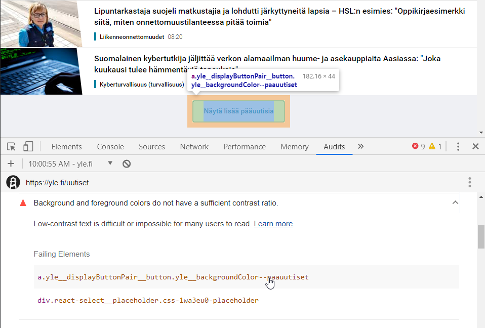 Kuvakaappaus Lighthouse auditoinnista Yle Uutiset sivustolla.